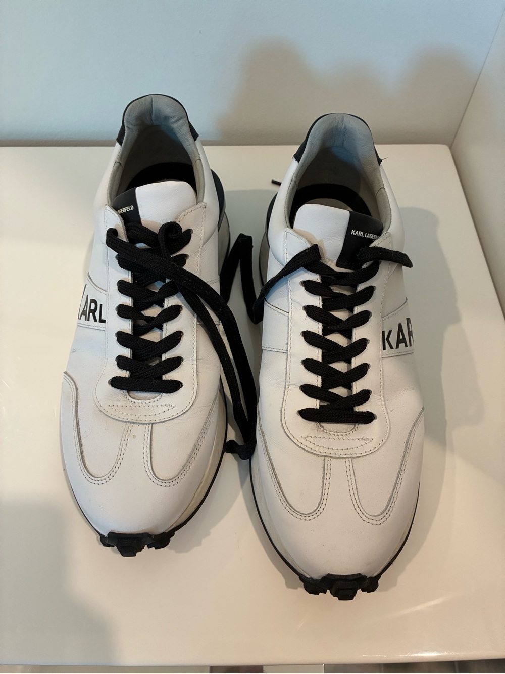 Karl Lagerfeld White and Black Low-Top Leather Sneakers